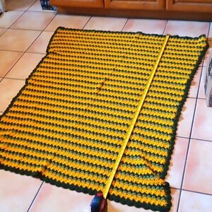 Vintage Handmade crochet afghan Green and yellow Medium